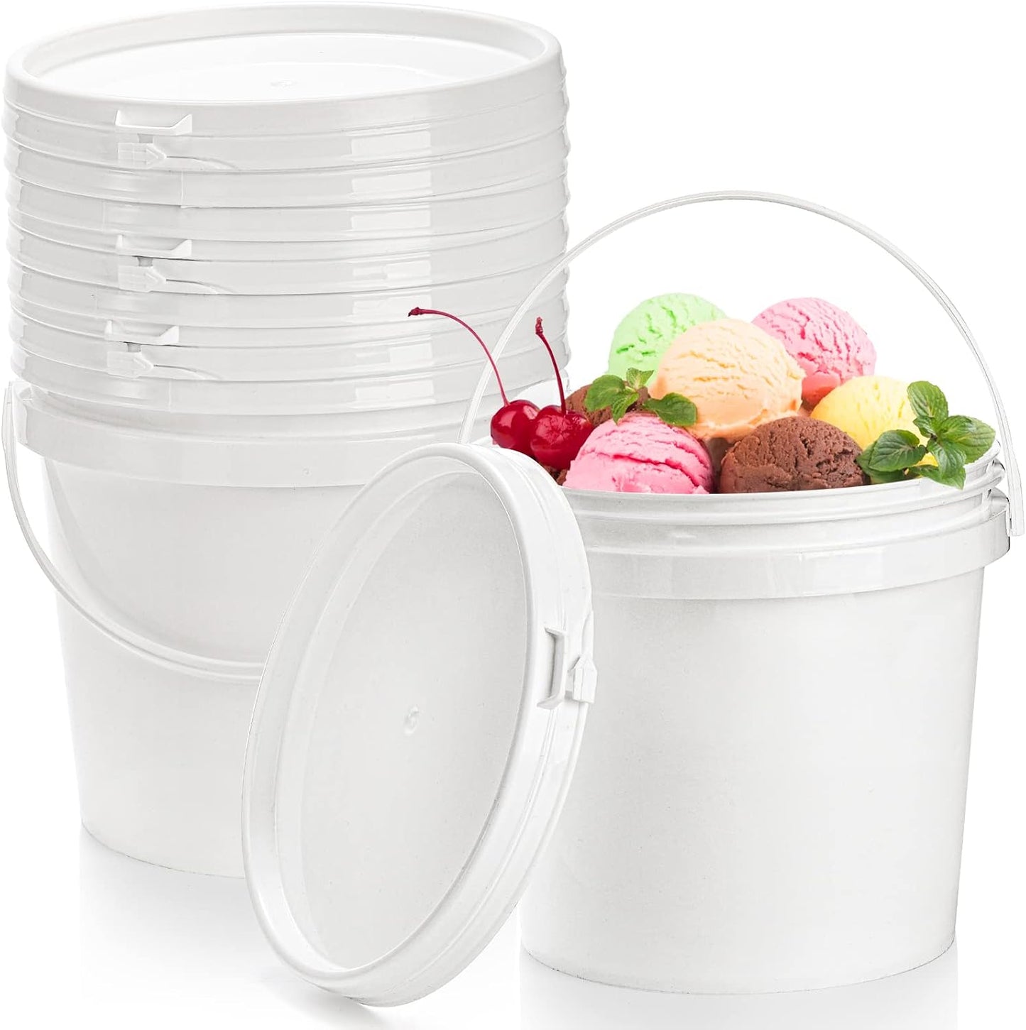 8 Pzas Tinas Plástico Helado 80oz Tapa Cubo Blanco