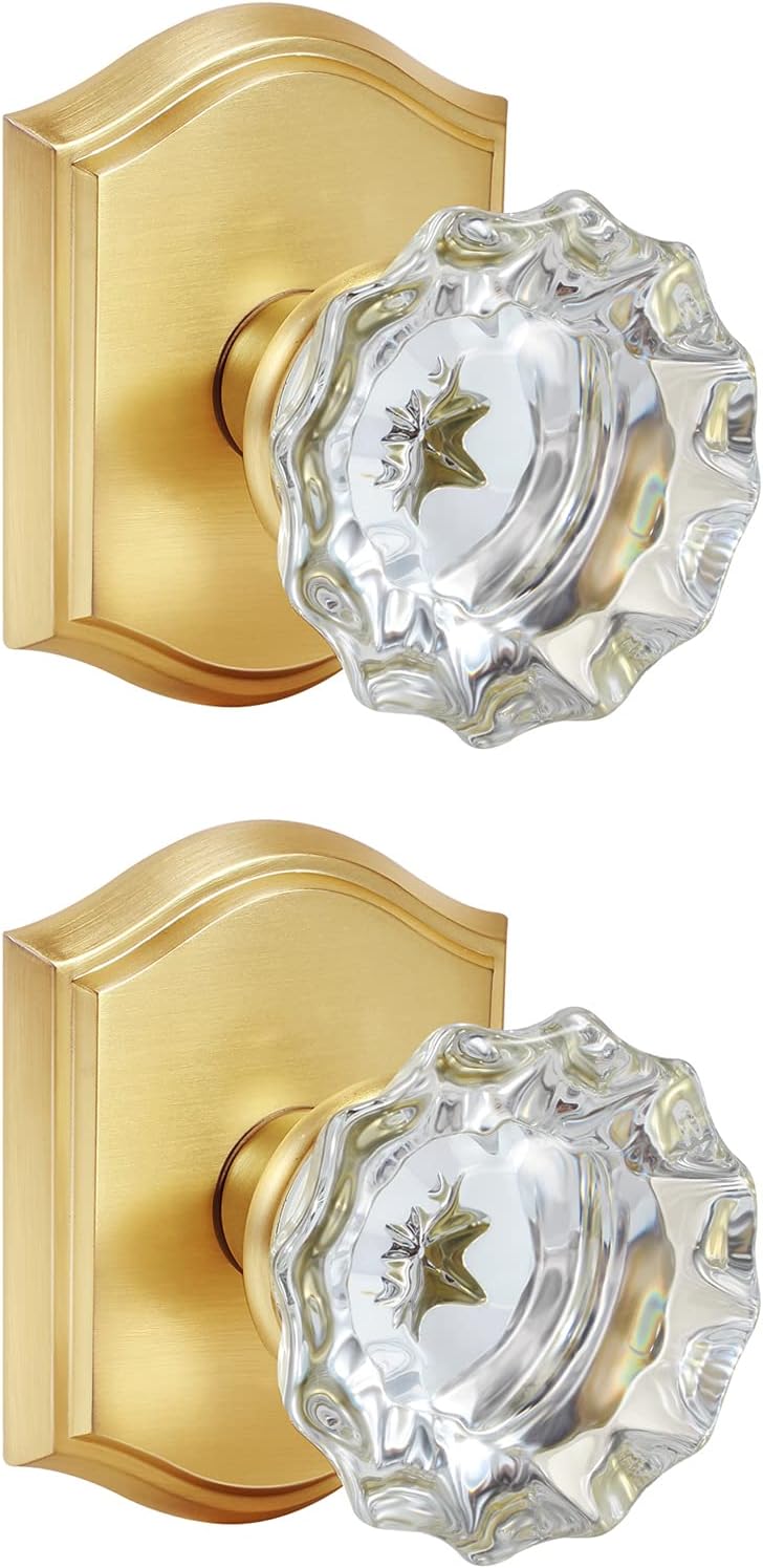 2 Pomas Puerta Simuladas Latón Satinado Cristal Dorado
