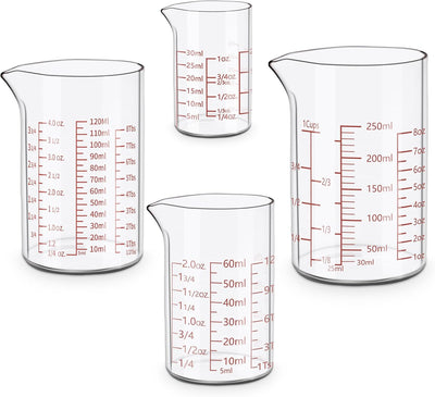 Juego 4 vasos medidores vidrio borosilicato 1-8oz