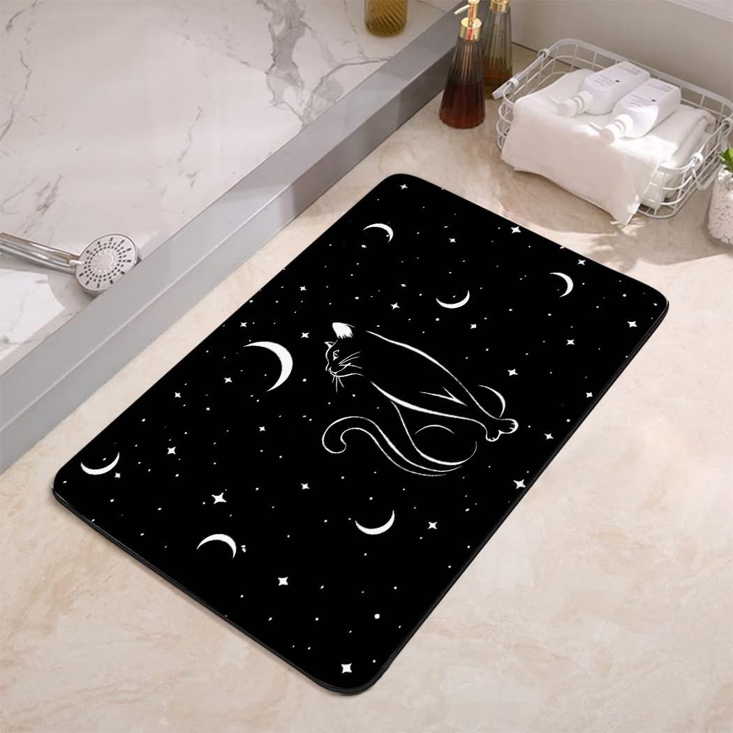 Tapete baño gato negro estrellado antideslizante 16x24pulg