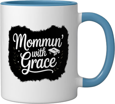 Taza cerámica para mamá con gracia, fe, familia y amor cristiano azul/blanco