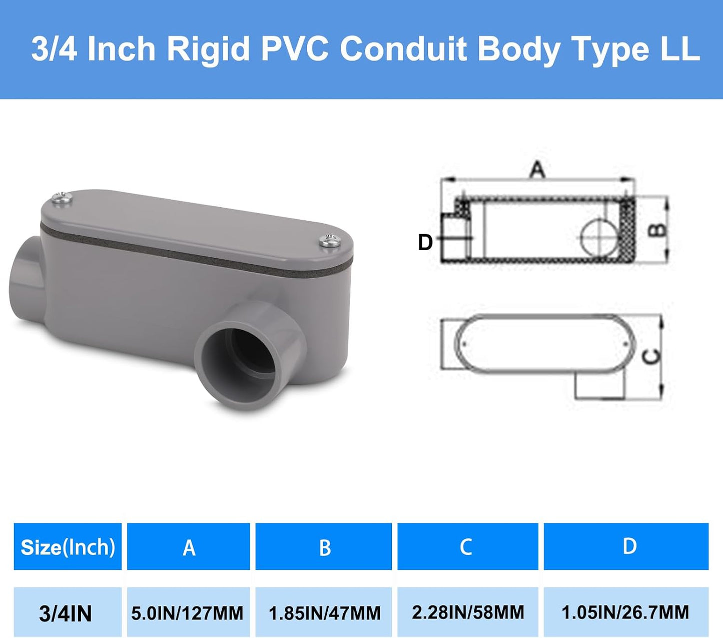 4 Cuerpos Conducto PVC 3/4pulg Tipo LL Deslizante Cubierta Gris