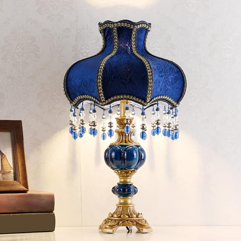 Lámpara noche vintage flecos cuentas base resina azul