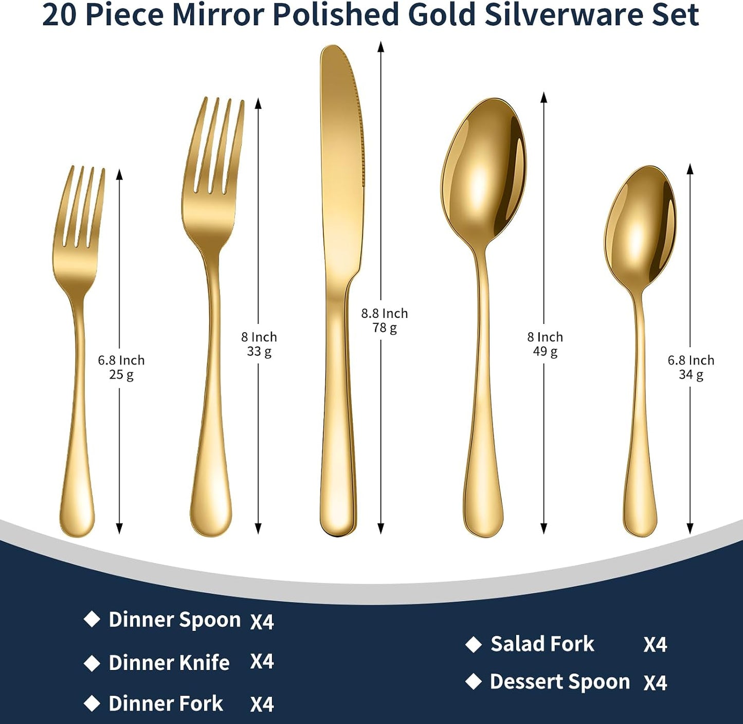 Set 20 Pzas Cubertería Dorada Acero Inox para 4
