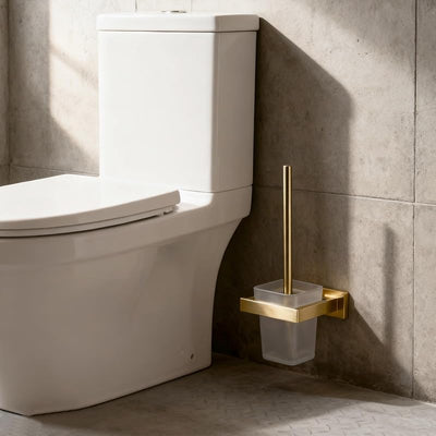 Set cepillo inodoro acero inox soporte pared dorado