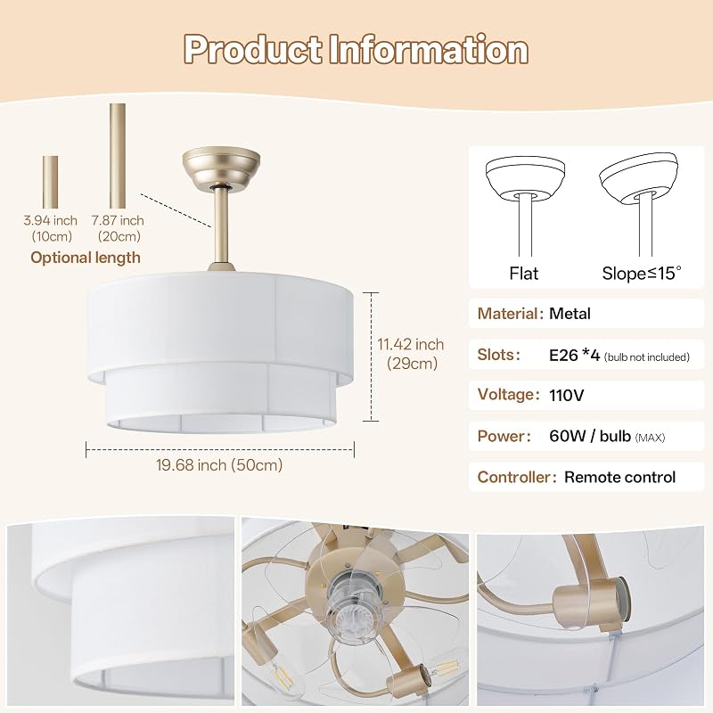 Ventilador techo Boho 20" con luz 6 velocidades