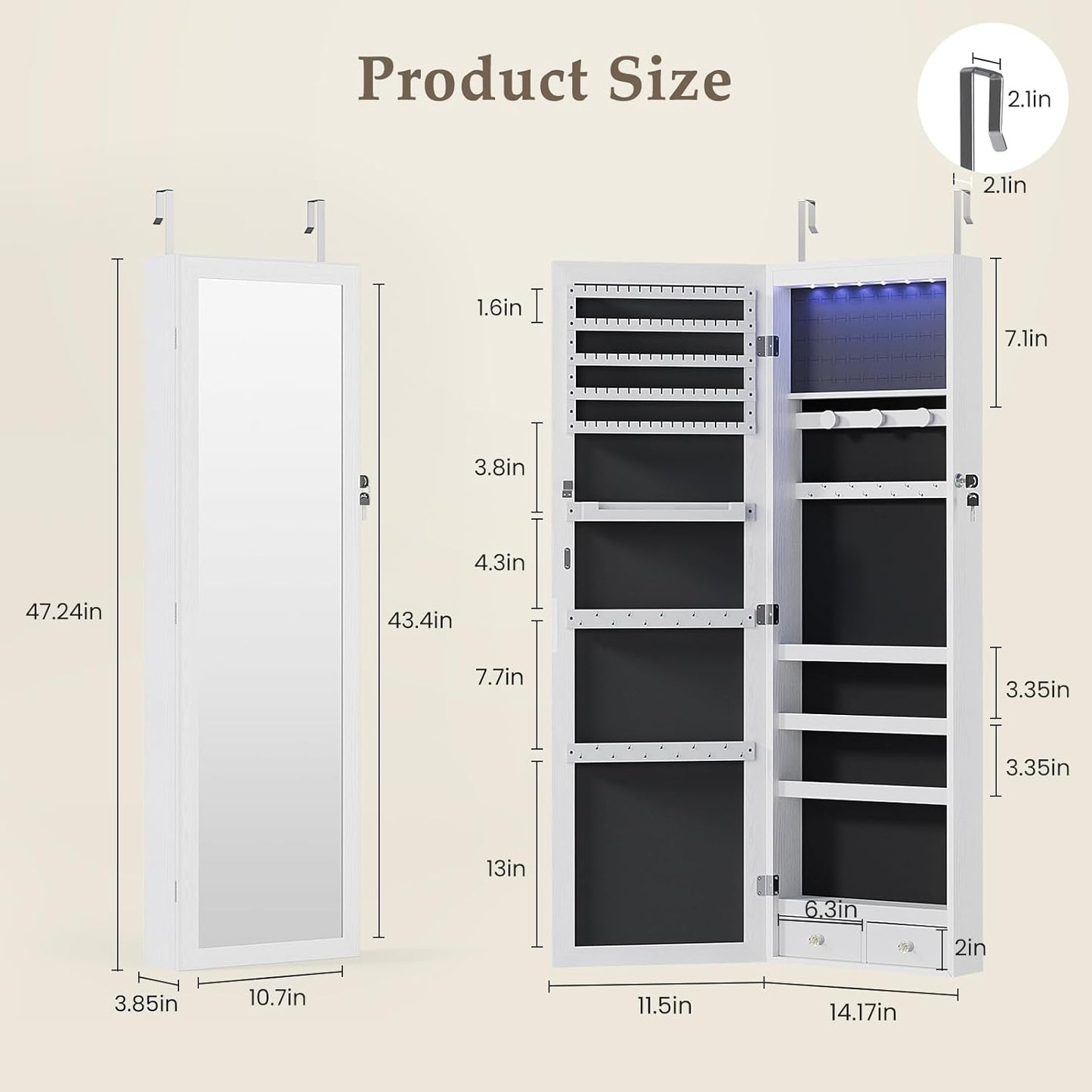 Gabinete joyería con espejo 6 luces LED para pared o puerta
