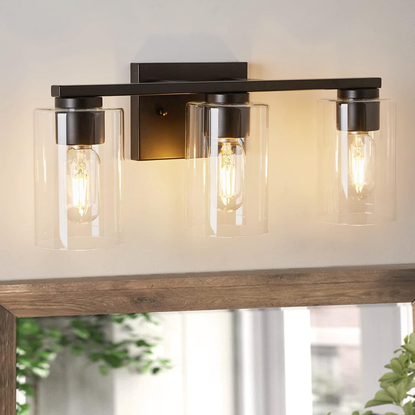 Lámpara tocador baño 3 luces negras e26 con pantalla vidrio