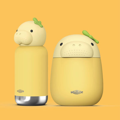Juego de cuencos y botellas de agua aisladas Dugong