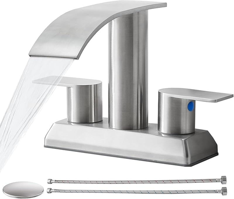 Grifo baño cascada níquel 2 manijas acero inox 4"