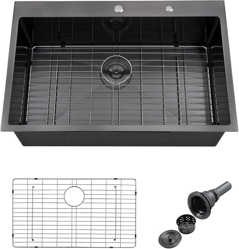 Fregadero cocina negro 33" acero inox con rejilla