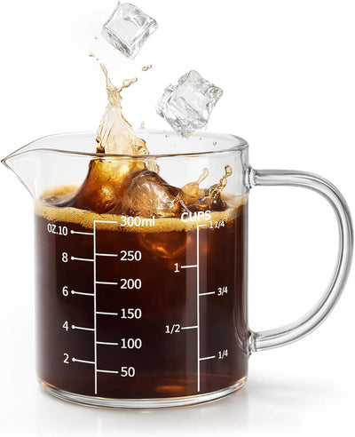 Vaso medidor vidrio borosilicato 10.1oz con boquilla V y escalas