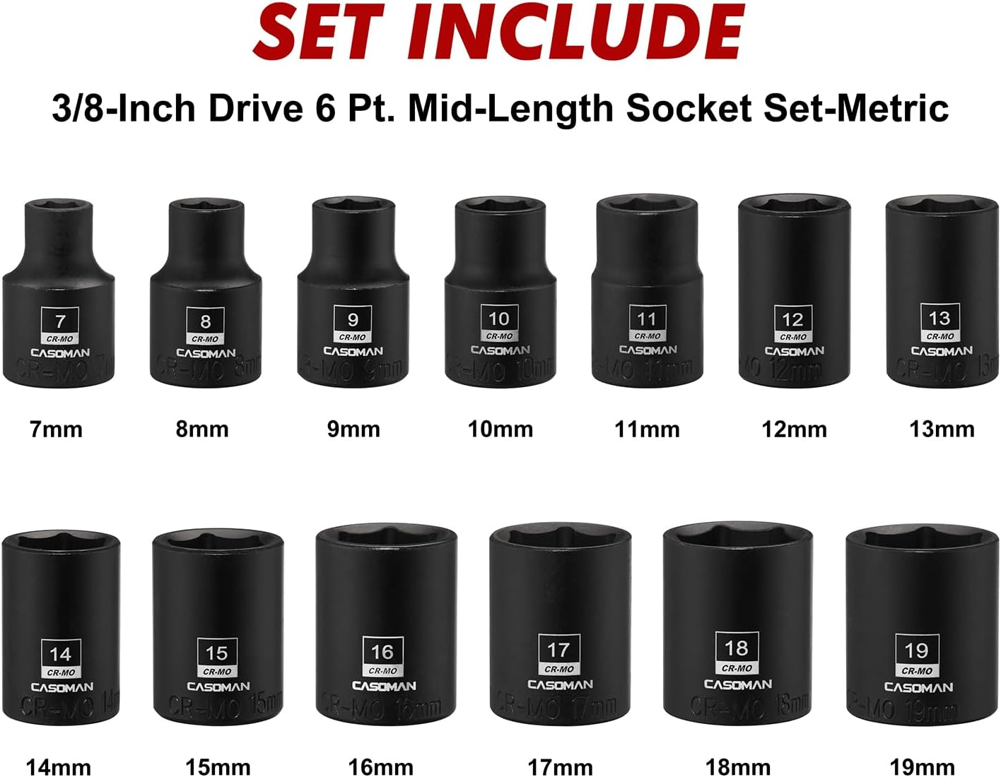Set 13 llaves vaso magnéticas 3/8 7mm a 19mm CR-MO