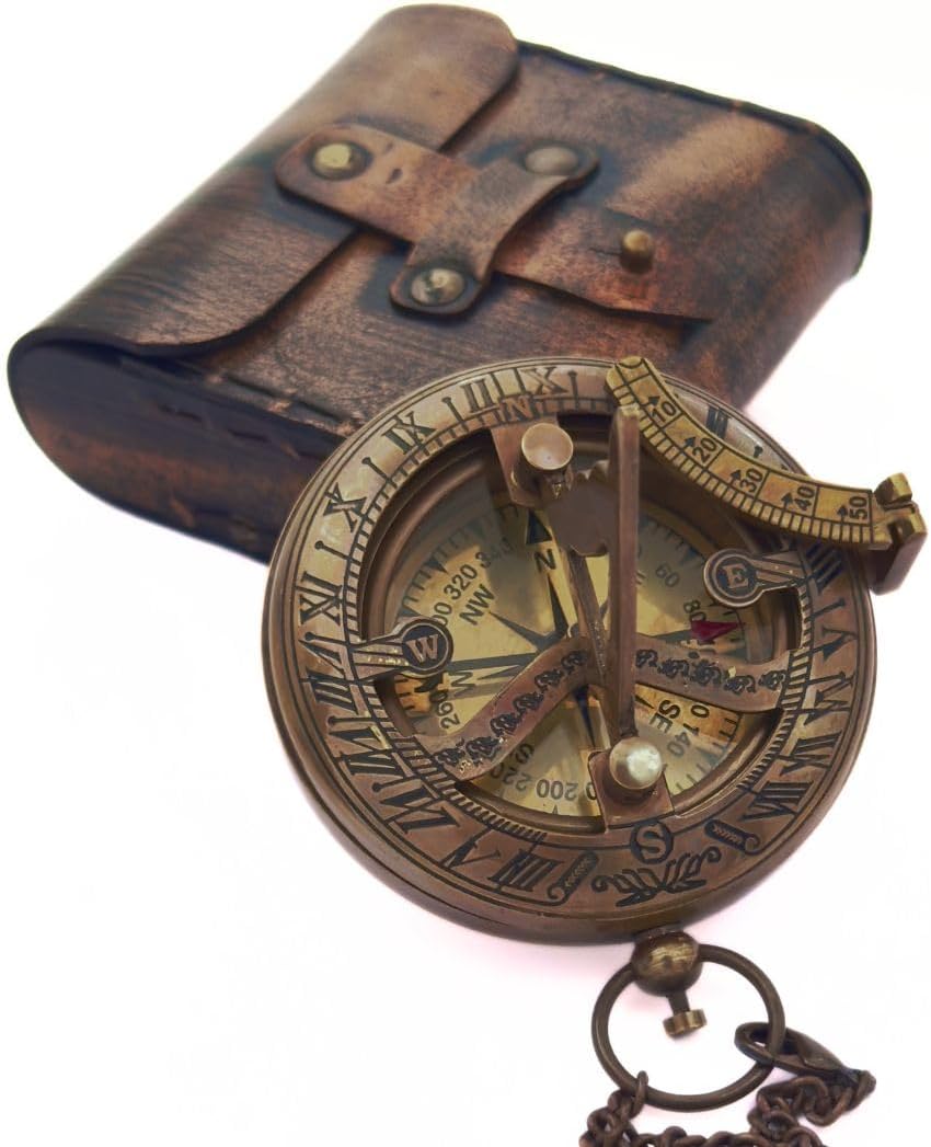 Reloj bronce con brújula y funda cuero regalo náutico hombre