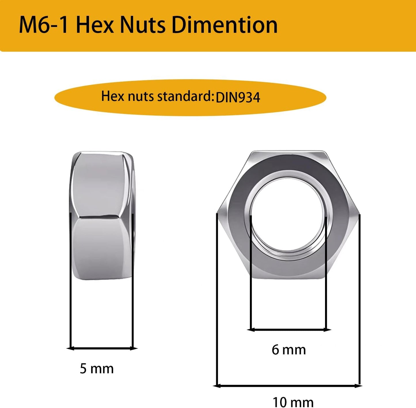 70 Pzas Tuercas Hex M6-1.0 Acero Inox 304 DIN 934