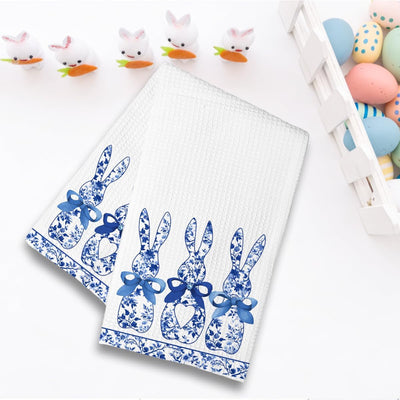 Juego de 2 toallas de cocina de Pascua de conejo azul MUBIAO