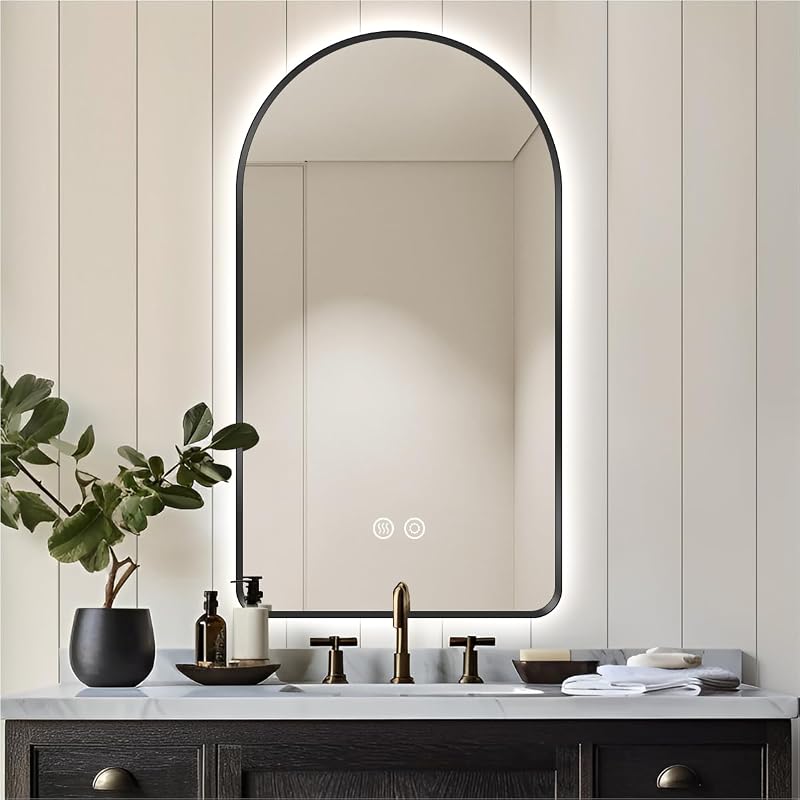 Espejo LED arqueado 40x24" marco negro 3 colores