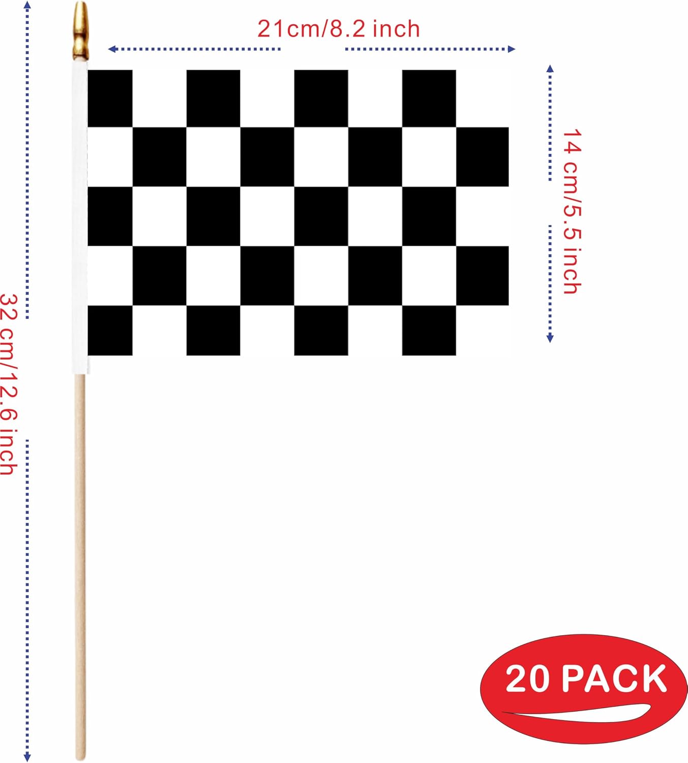 Bandera cuadros 5x8" set 20 palos madera ligera poliéster