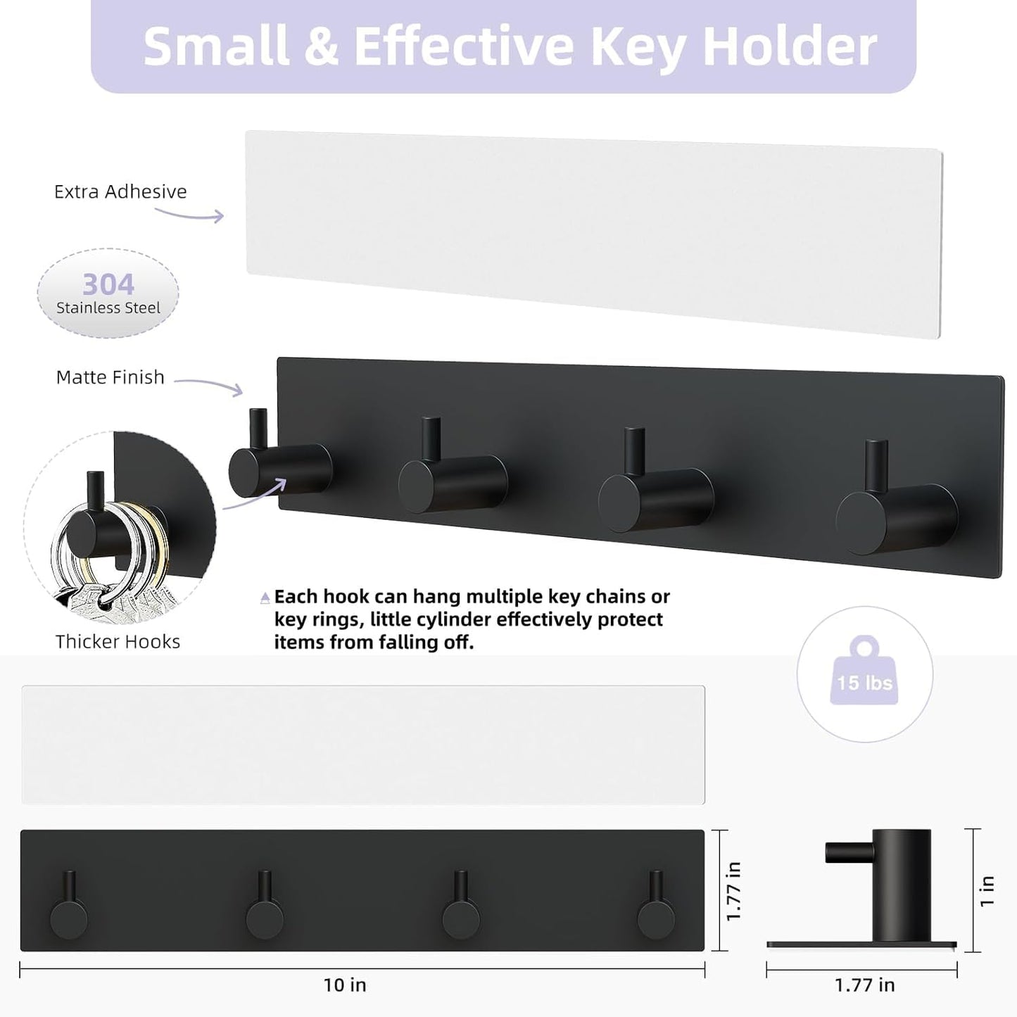 Soporte llaves pared metal autoadhesivo 4 ganchos negro
