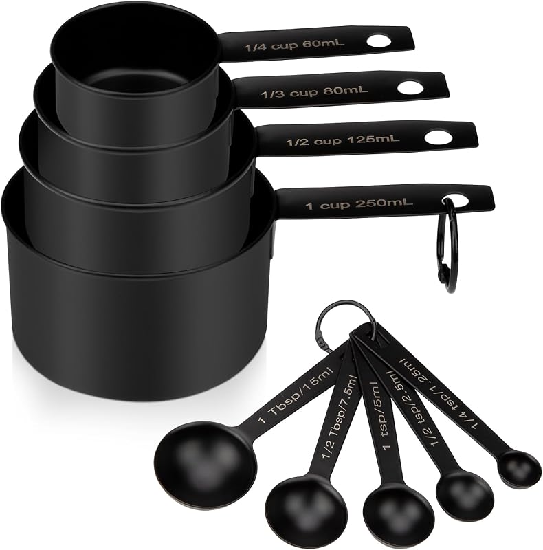 Set 9 Tazas y Cucharas Medidoras Acero Inox Negro