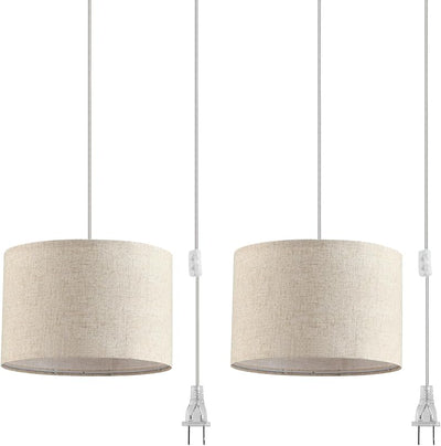 2 Lámparas colgantes enchufables con cable 15ft tela lino beige