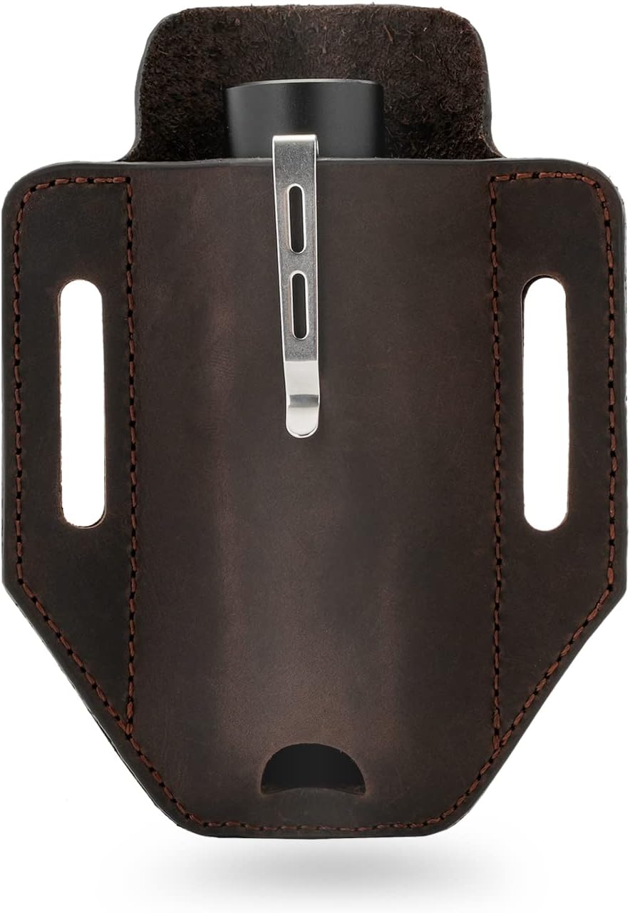 Funda cuero EDC para multiherramienta linterna cuchillo marrón