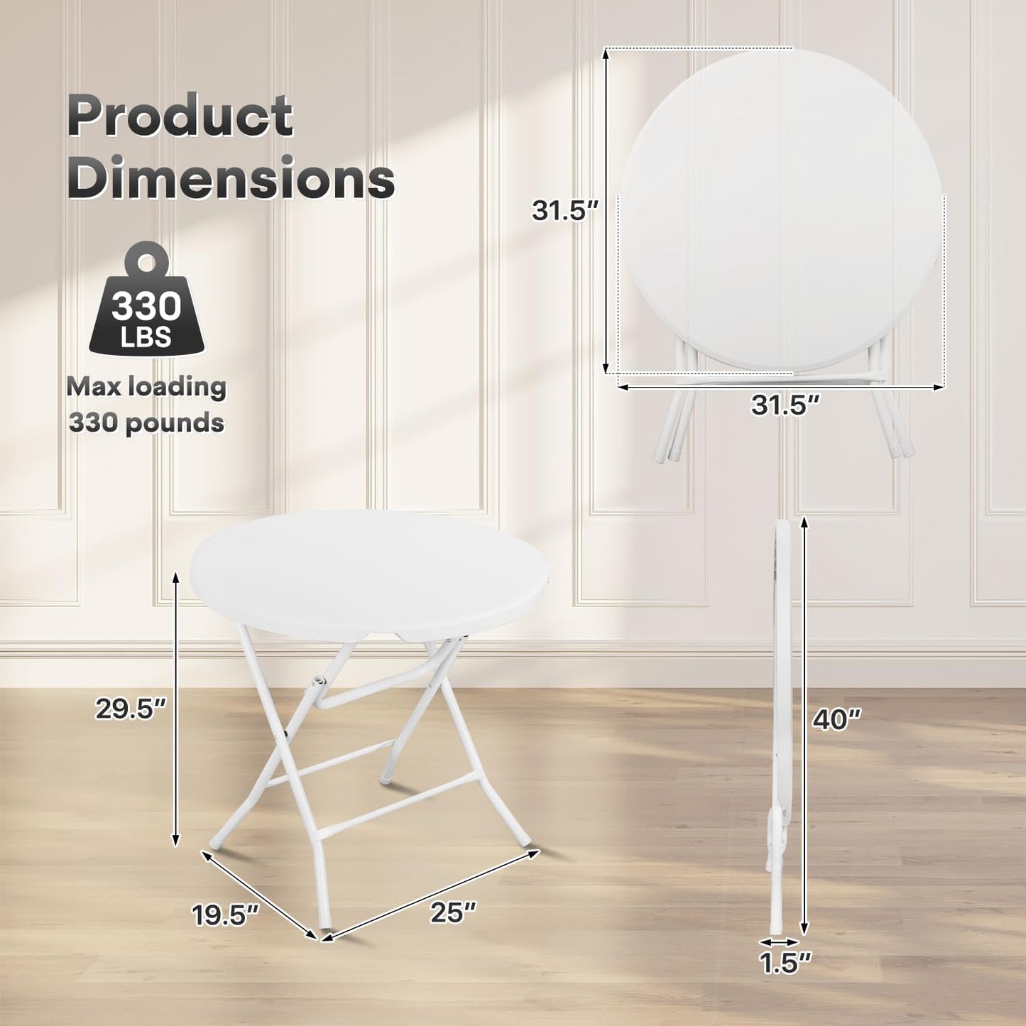 Mesa plegable redonda plástico patas acero color blanco