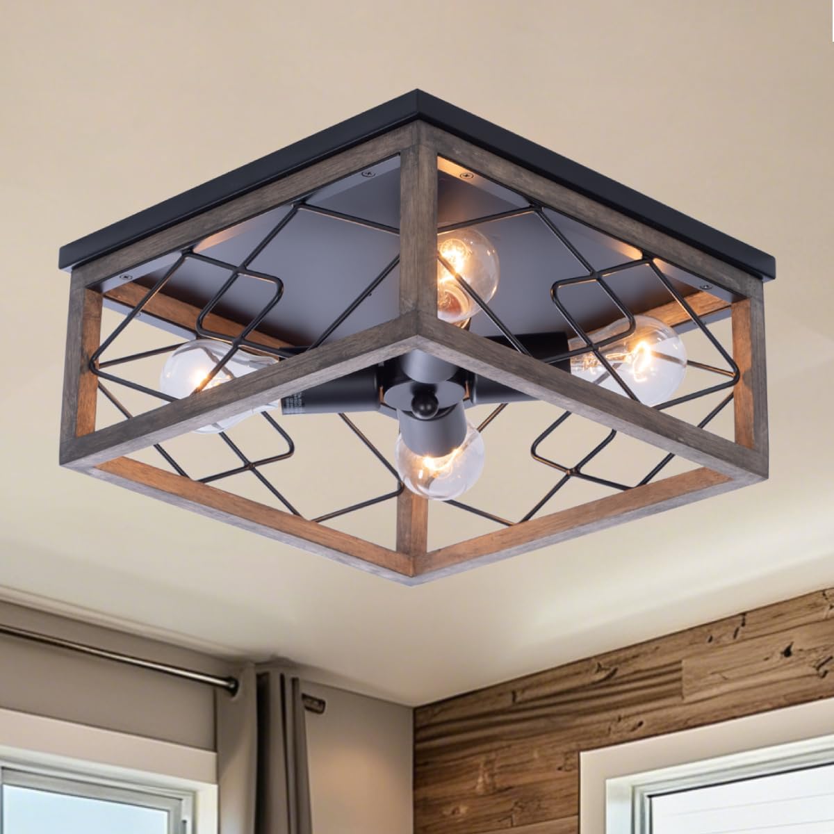 Lámpara techo madera rústica 4 luces cuadradas entrada