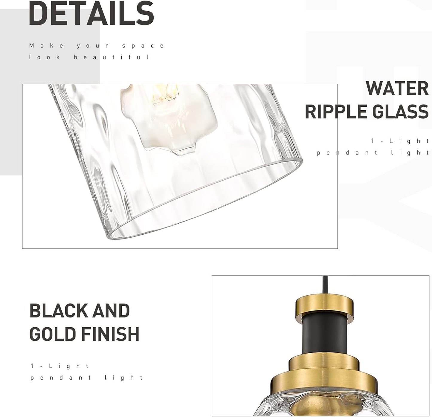 Lámpara colgante isla cocina vidrio ondulado negro y dorado