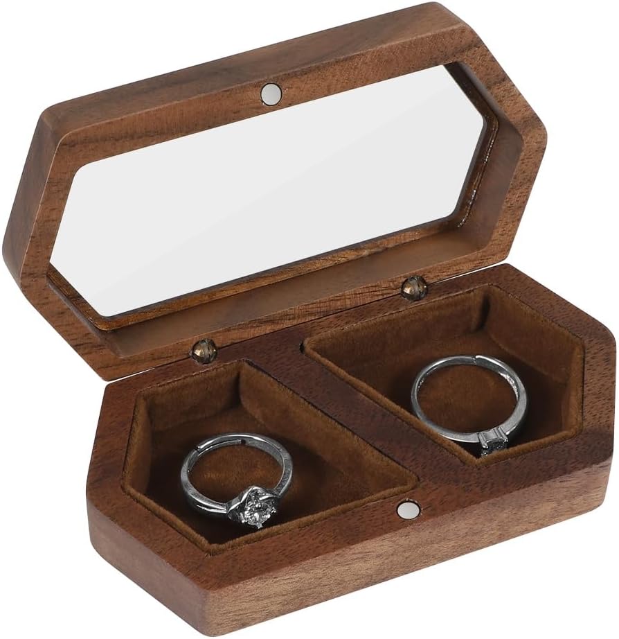 Caja madera anillos boda transparente para dos anillos
