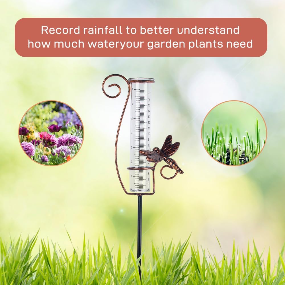 Medidor lluvia libélula metal 7" jardín decoración