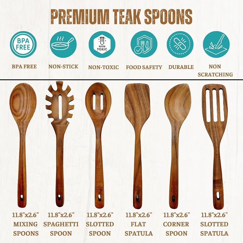 Set 6 cucharas de teca para cocinar ecológicas