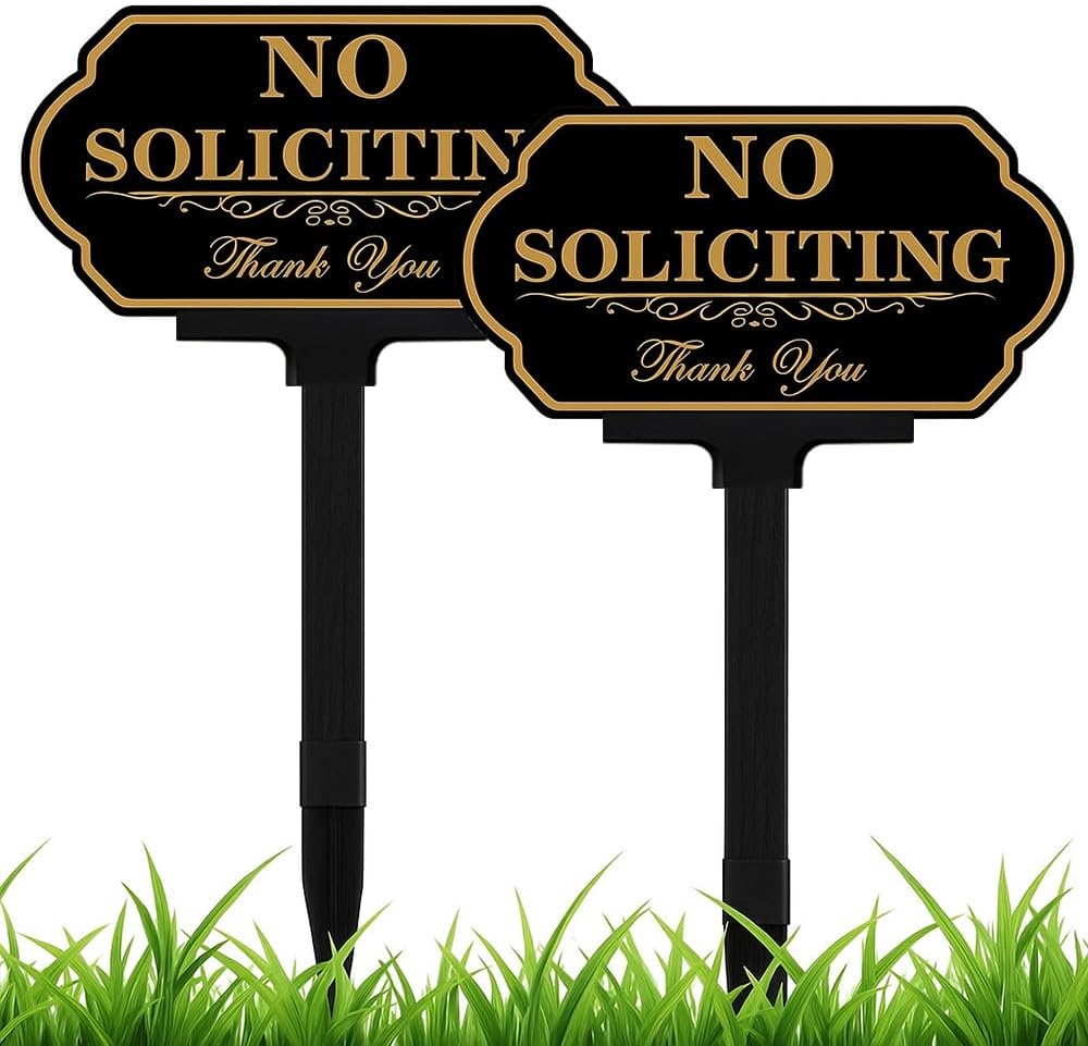 Letrero No Soliciting aluminio 14x7pulg 36pulg altura pack 2