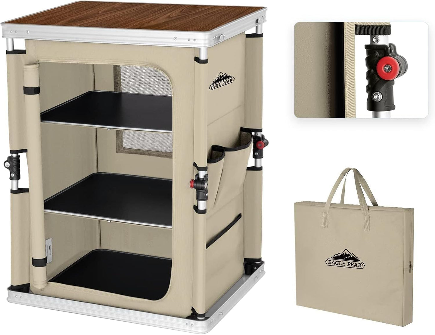 Mesa camping plegable aluminio beige con organiz. 3 niveles