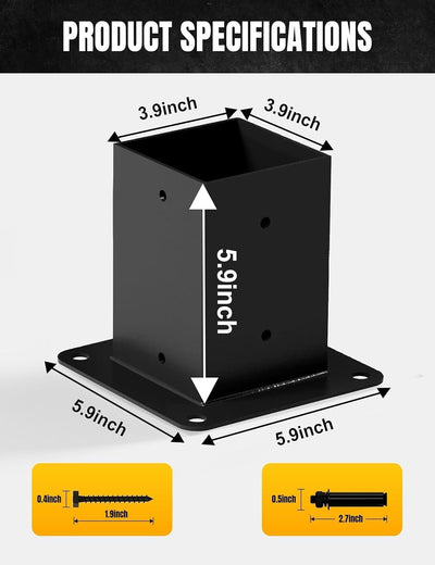 Base poste 4x4 con anclaje 3.6x3.6pulg soporte pérgola negro