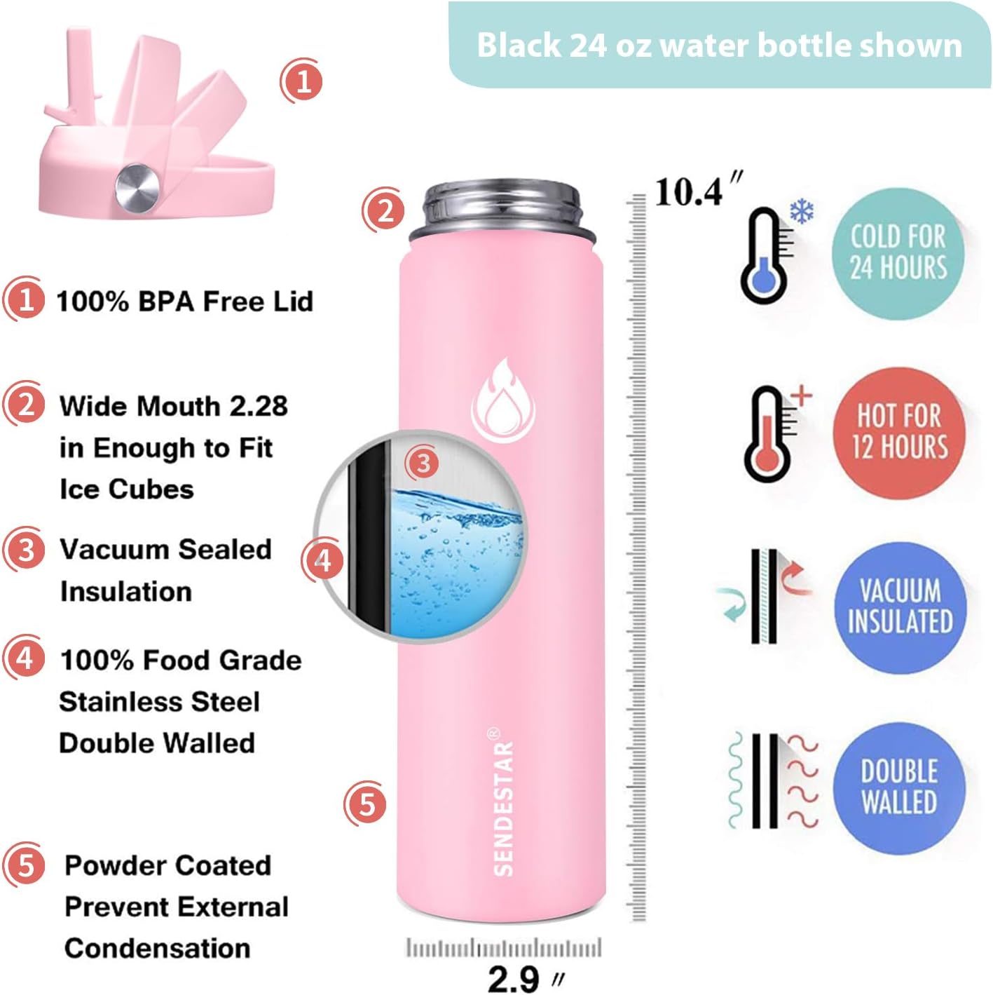Botella agua acero inox 24oz doble pared aislada con popote