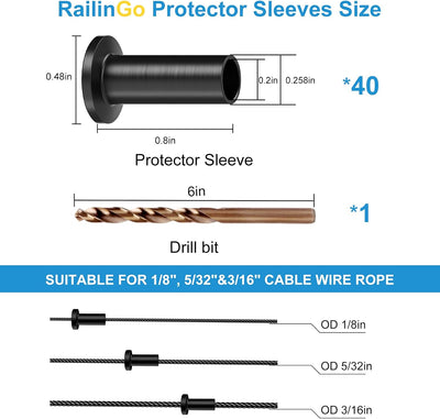 40 Fundas barandilla cable negro 1/8 5/32 3/16 acero inox