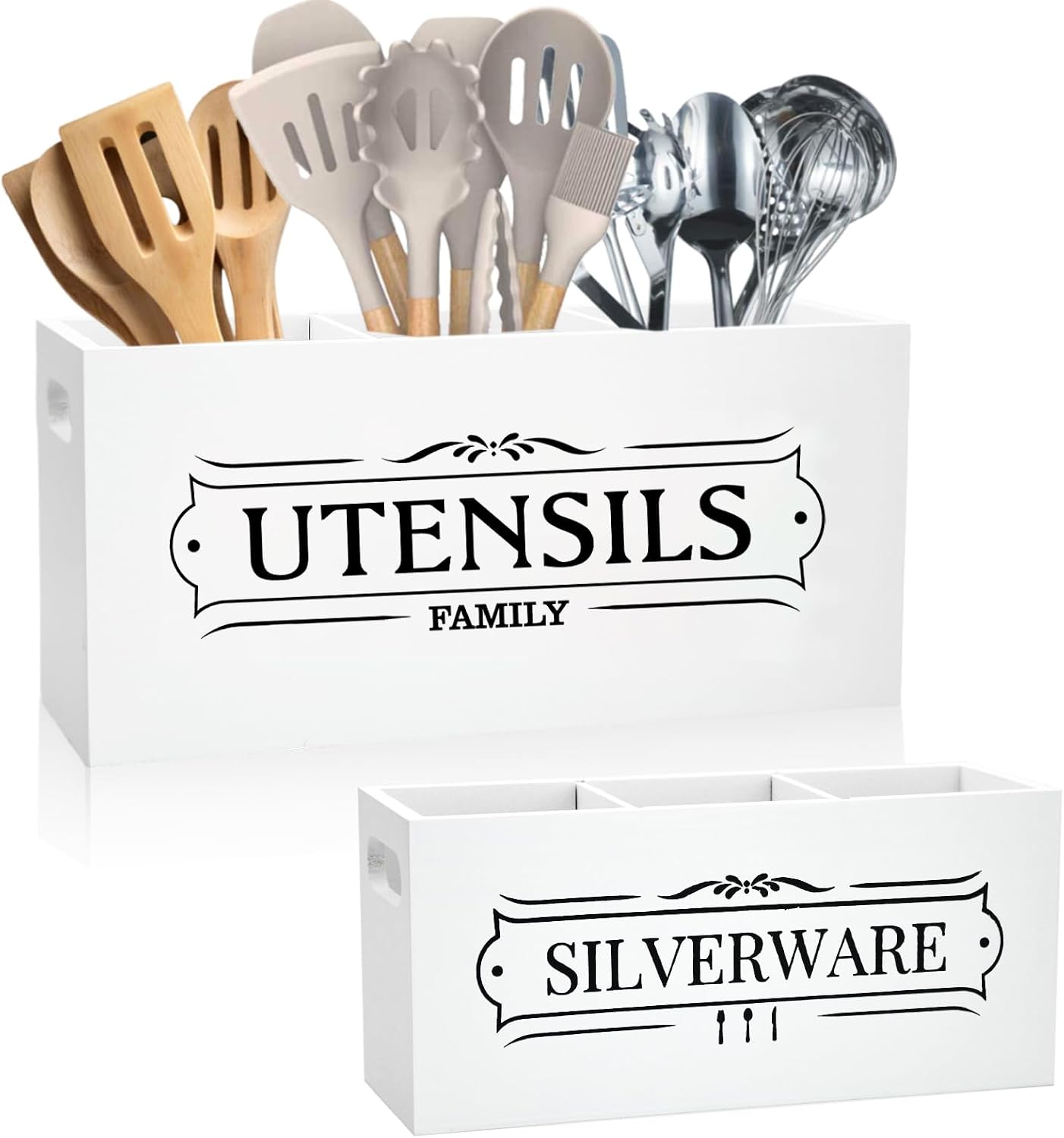 Set soportes utensilios cocina madera grande blanco