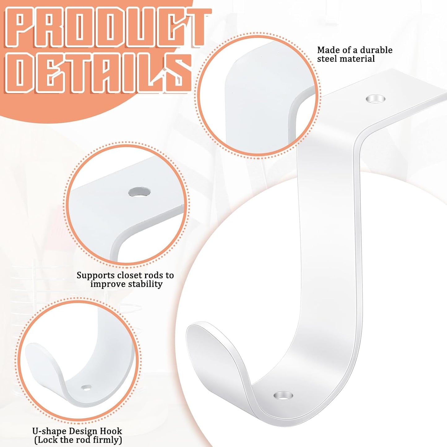 2 Soportes Barra Armario Metal Resistente 1.38" Blanco
