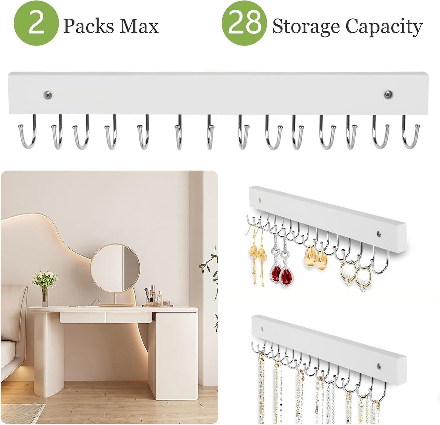 Soporte joyas madera 28 ganchos colgante pared