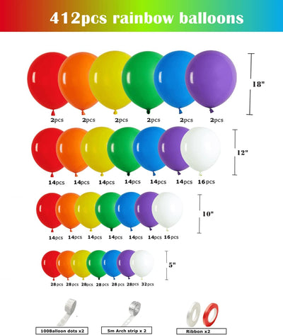 Kit arco globos arcoíris 412 pzas 18-5pulg látex mate fiesta