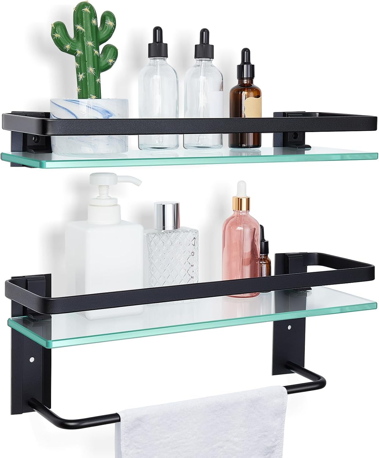 2 Pzas Estante Baño Vidrio con Barra 15.7x4.7" Negro