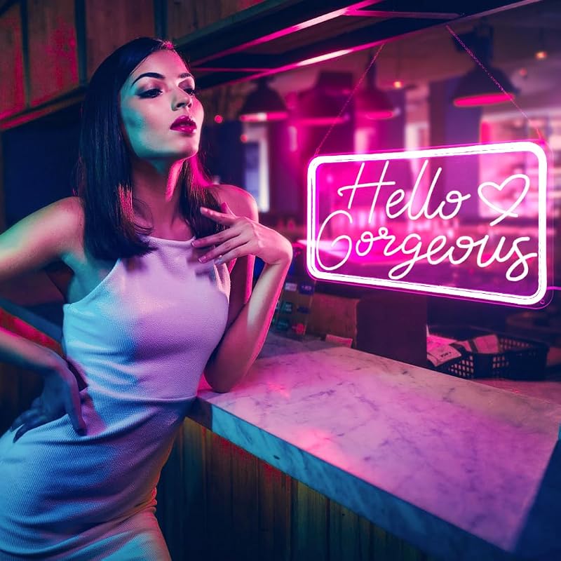 Letrero neón rosa Hello Gorgeous para dormitorio y eventos