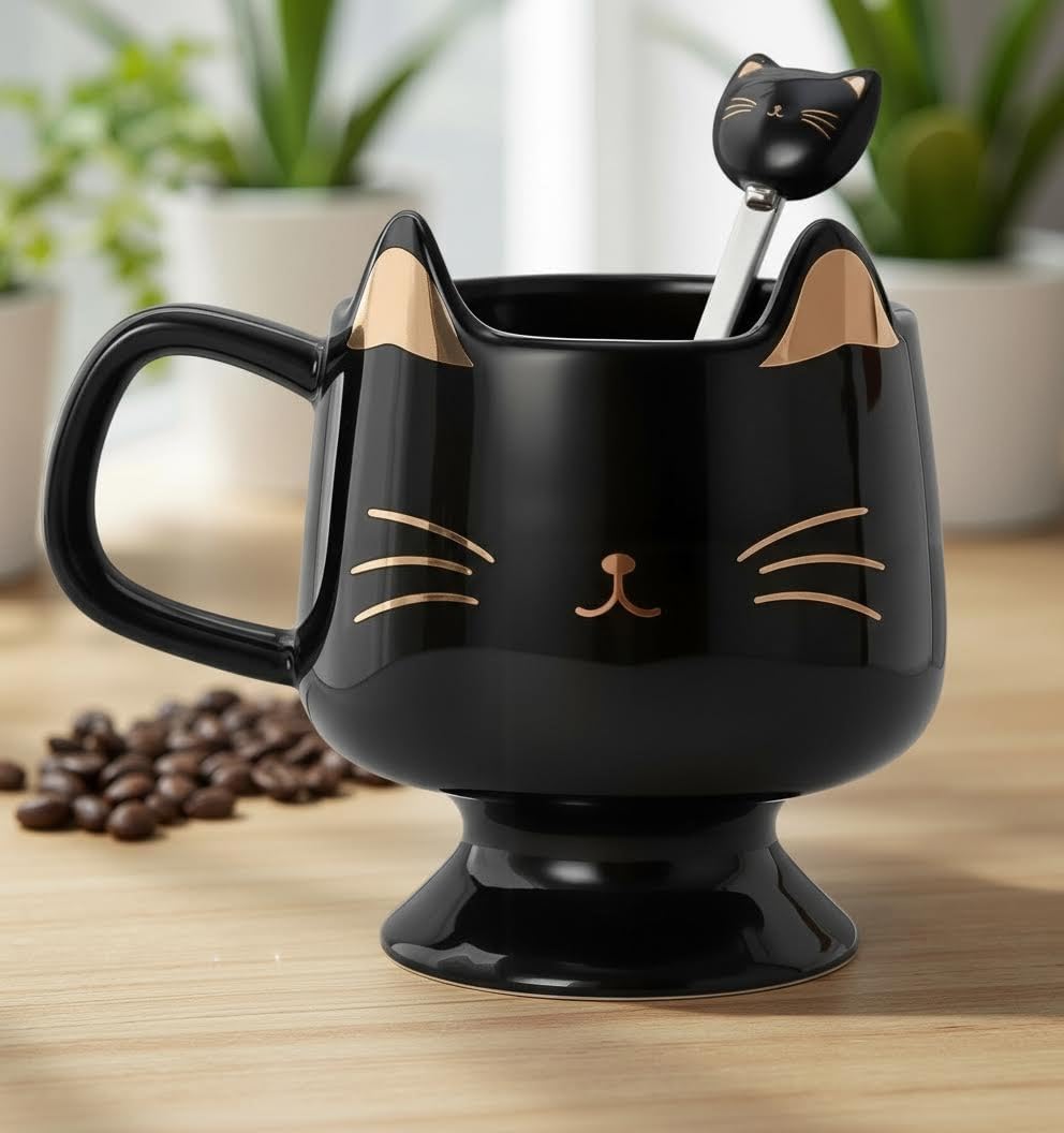 Taza de café de cerámica con cuchara y diseño de gato negro