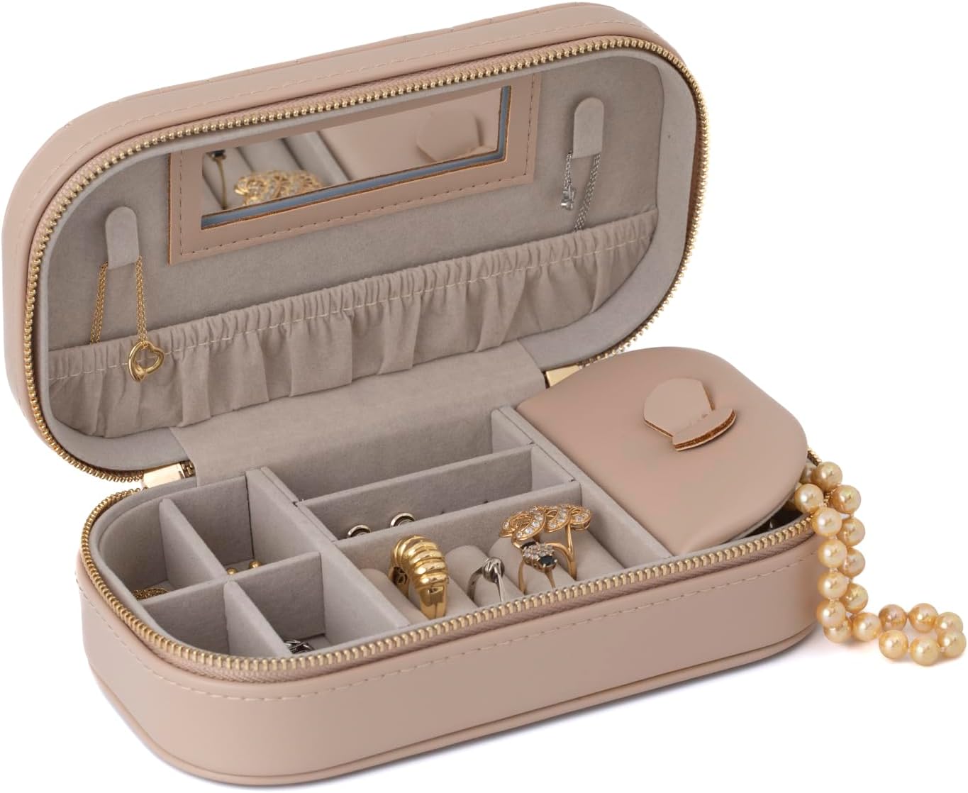 Caja viaje ovalada beige con joyero cremallera espejo