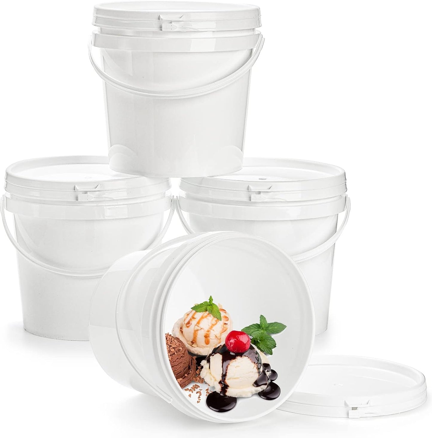 8 Pzas Tinas Plástico Helado 80oz Tapa Cubo Blanco