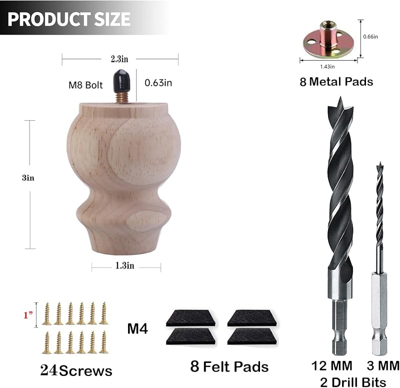 Patas de madera sin terminar 3pulg para muebles set 8