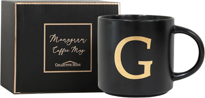 Taza cerámica dorada con inicial negra 15oz elegante con caja