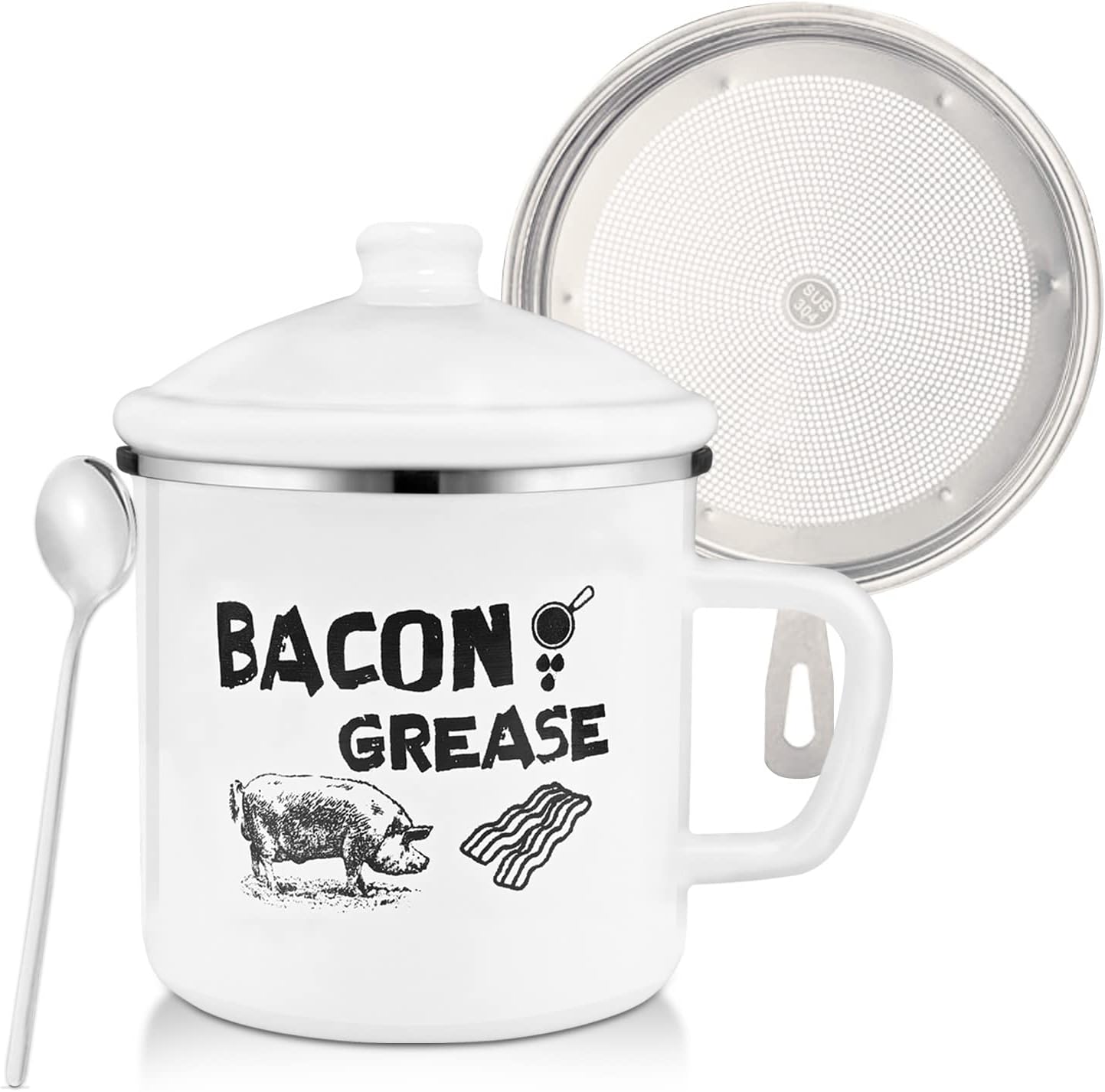 Recipiente grasa tocino 1.5l con colador y cuchara esmalte rústico