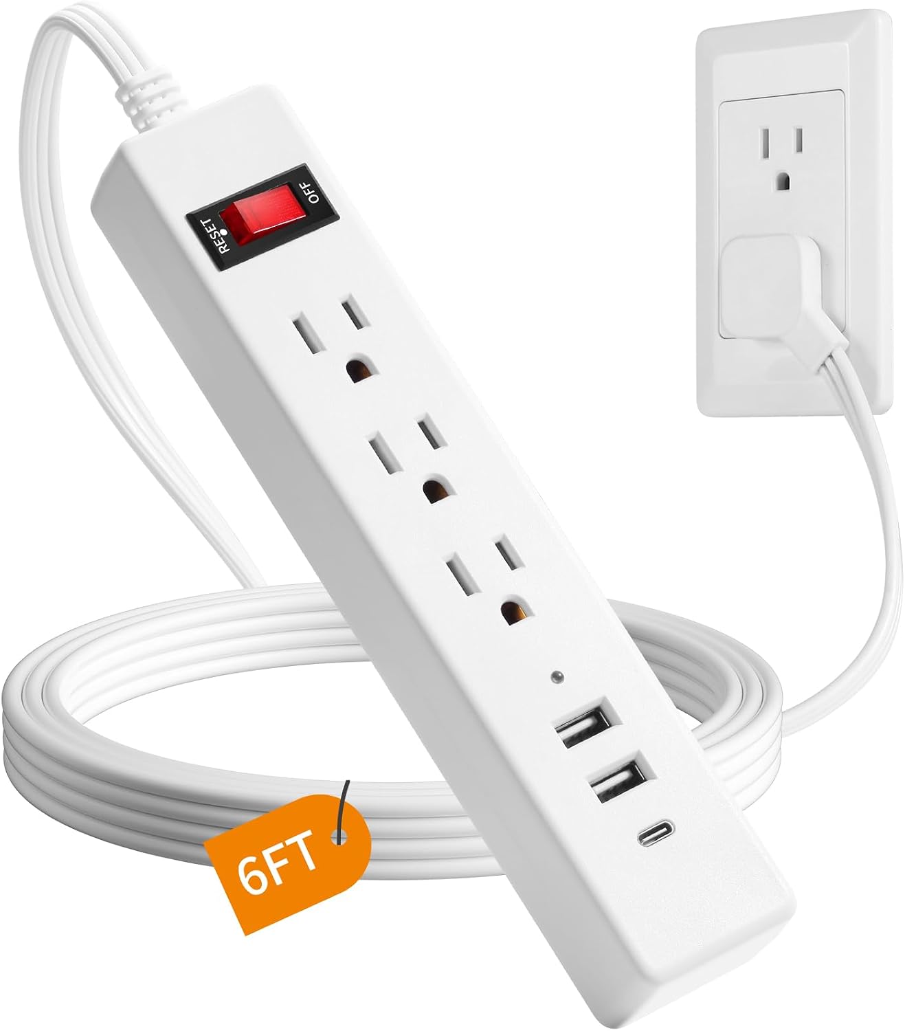 Cable extensión enchufe plano 6ft 3 tomacorrientes CA 3 puertos USB